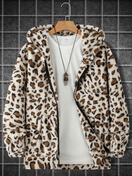 

men leopard slant pockets hooded teddy jacket without tee y2iv#, Black;brown