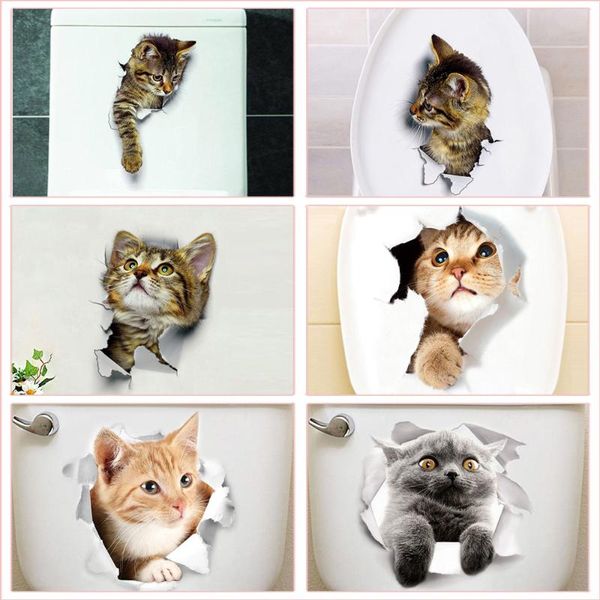 

1pc cute cat broke a hole pattern toilet stickers for wc wash room home decoration diy vivid 3d wall decals pvc animal mural art