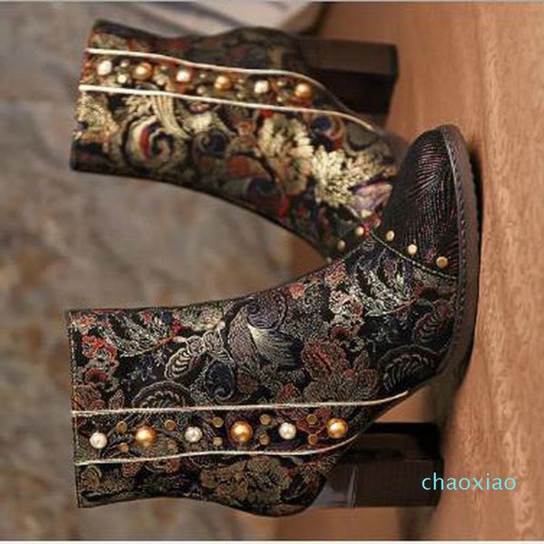 

women ankle boots high heels pumps vintage pu leather ethic shoes woman chaussure zapatos mujer gladiator plus size bootiesd1605, Black