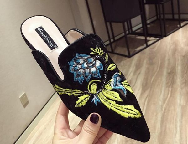

slippers womens pointed toe embroidery floral velvet slipper mules slides flats shoes 3colors plus size c388, Black
