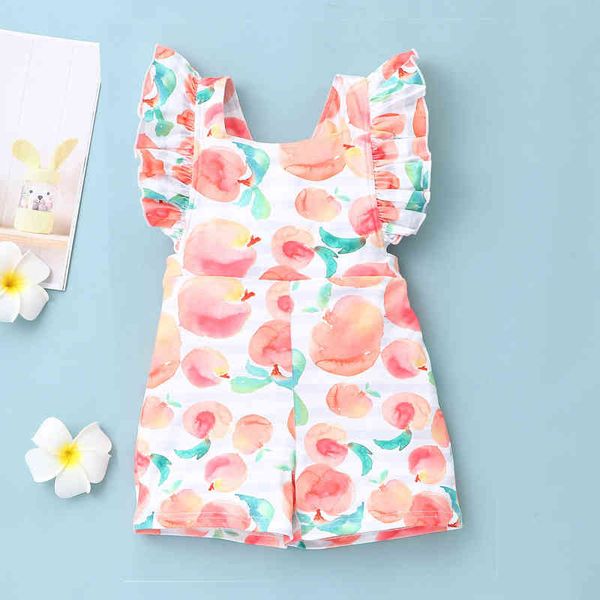 

summer kids girls clothes peach print pattern sleeveless orange toddler baby rompers fashion cute ruffel short sleeve jumpsuits g220223, Blue