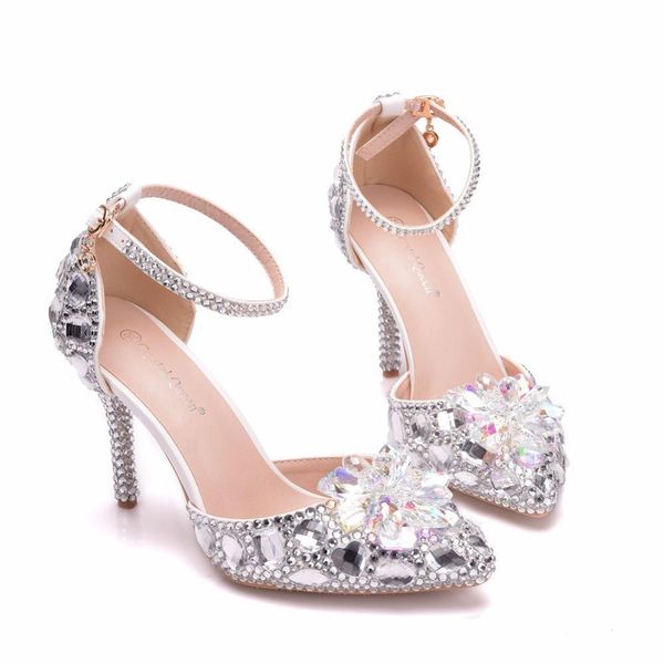 

sandals queen european wedding female white drill rhinestone crystal stiletto pointed bridal shoes high heels h9am, Black