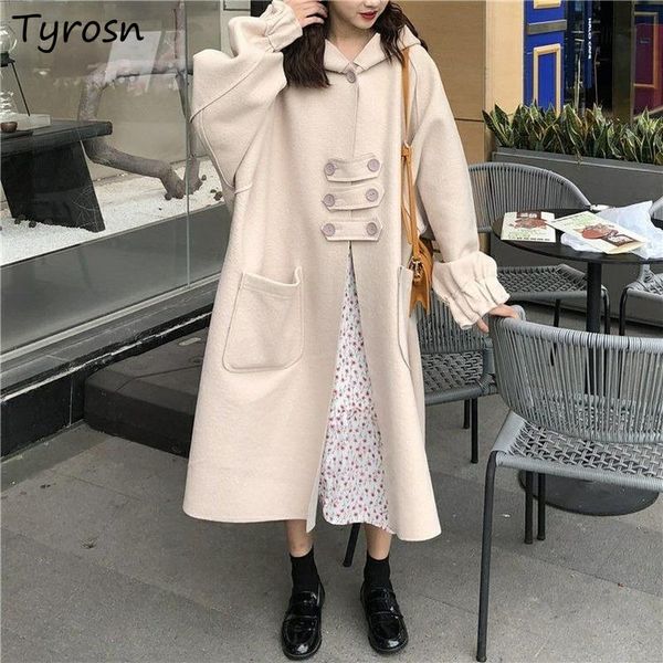 

women's wool & blends women sweet designer button pockets hooded coats kawaii girlish loose ulzzang long outwear mujer high street styl, Black