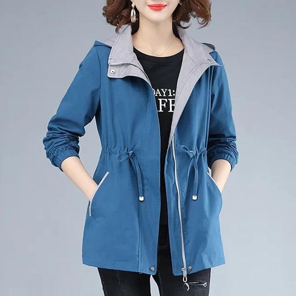 

spring autumn windbreaker female fashion hooded coat large size middle-aged women's trench casual mother clothing coats, Tan;black