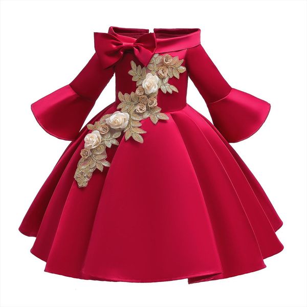 

elegant flower girls christmas girl dresses sleeve half embroidery princess for kids wedding party ball gown children clothing, Red;yellow