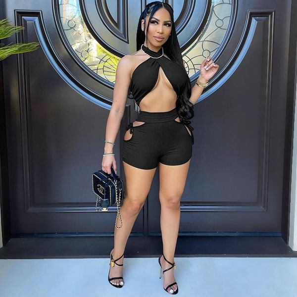 

women's tracksuits halter neck strapless crop and bandage hollow biker shorts knitted 2 piece set outfits for women summer clubwear, Gray
