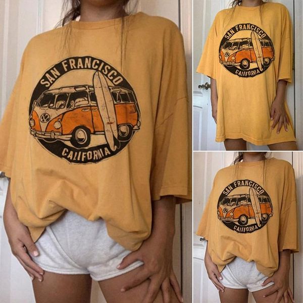 

90s vintage 2021 yellow car printed tshirt casual round neck short sleeve pullover women's t-shirt camisetas mujer, White