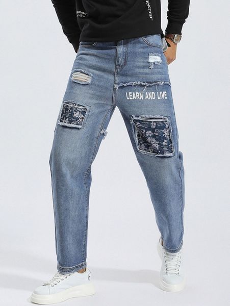 

men letter graphic ripped patched jeans l64w#, Blue
