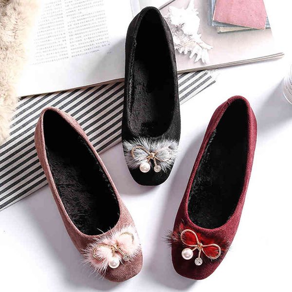 

dress shoes woman warm rabbit fur flats crystal pearl bow-knot mink loafers ladies plus size 34-43 fairy cozy ry moccasins 0di8, Black