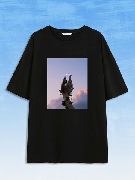 

romwe x 19xcv hand & moon print tee u1ns#, White