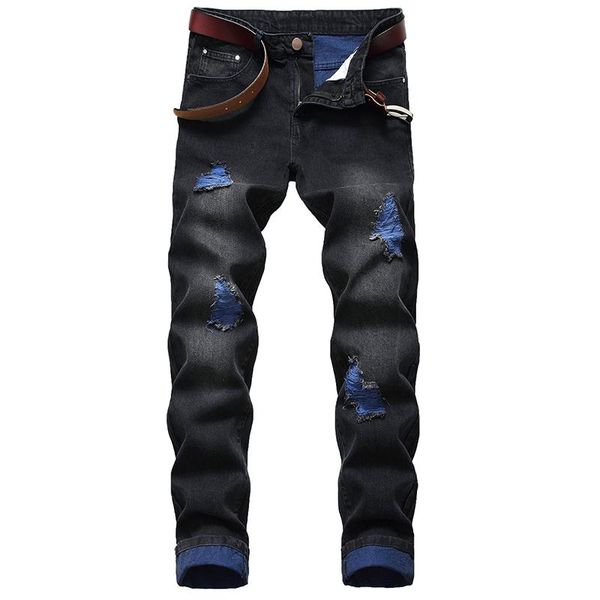 

men's jeans cross border straight tube slim amazon hole yarn pants, Blue