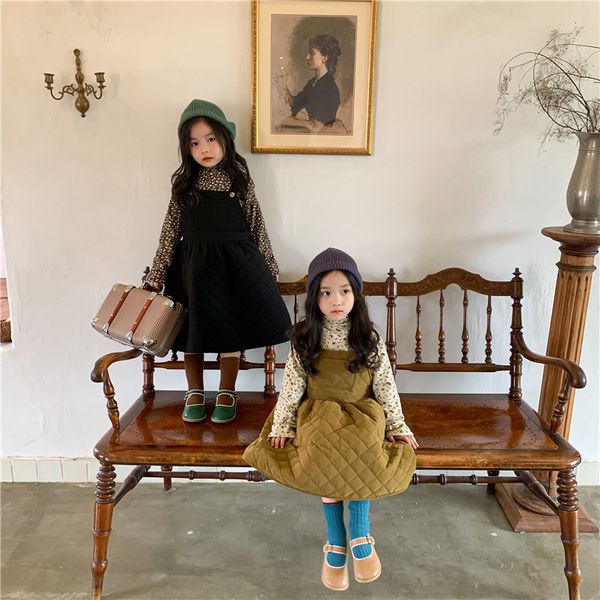 

autumn winter korean style girls fashion quilted casual overalls dress kids cute warm all-match princess sleeveless dresses 210329, Red;yellow