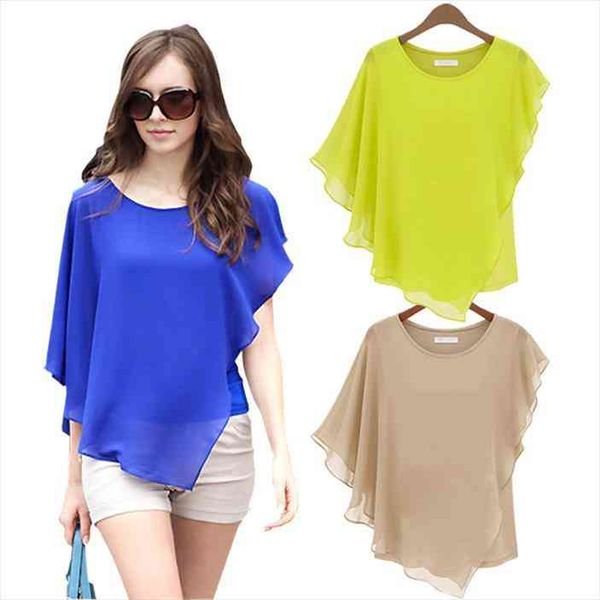 

women blouses summer womens short-sleeved flounced chiffon blouse bat shirt blusas feminino plus size women clothes, White