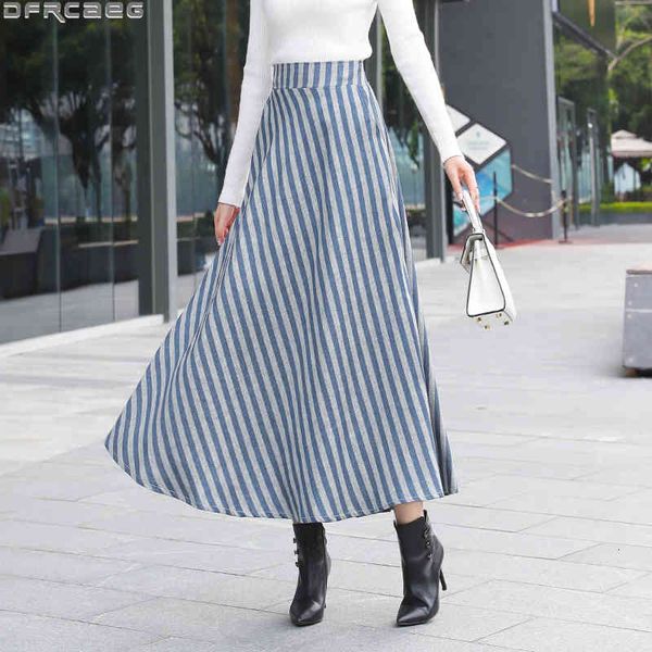 

casual dresses vintage stretch high waist long skirts for women winter woolen striped ladies big swing maxi skirt plus size jupe f, Black;gray