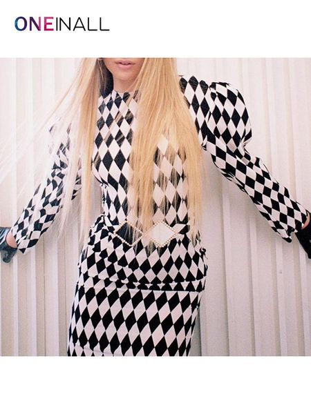

casual dresses oneinall gingham print maxi dress for women round neck long sleeve high waist slimming colorblock female 2021 autumn, Black;gray