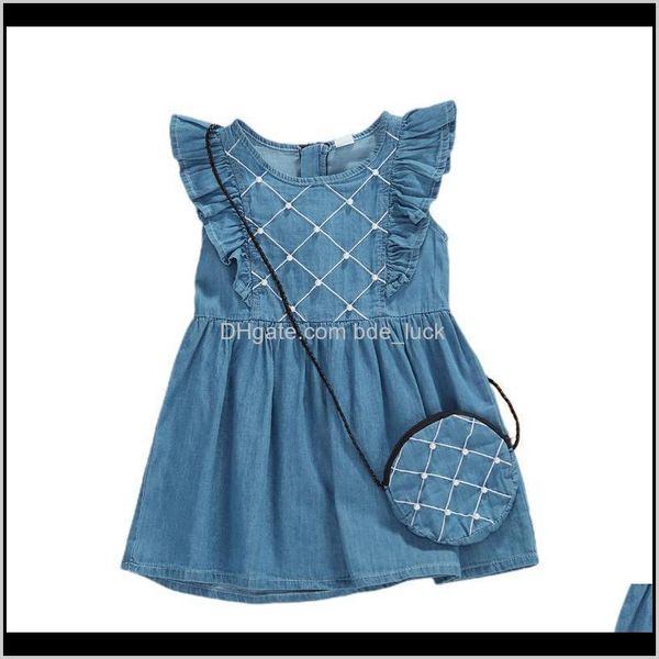 Bebê, crianças maternidade6m-3y toddler nascido vestido infantil verão babados azul denim pérolas vestidos para meninas + bolsa bebê menina gota d