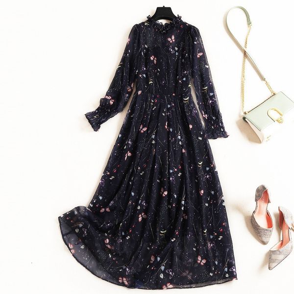 

casual dresses spring luxury long sleeve crew neck butterfly floral print chiffon mid-calf dress fashion m310394 sqri, Black;gray
