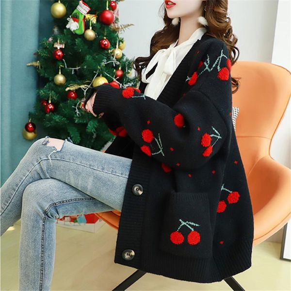 

women's knits & tees autumn winter v-neck long sleeve sweater cardigan women jacket coat loose thick warm knitwear cherry embroidery kn, White