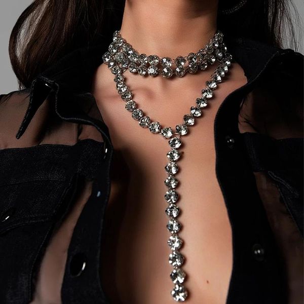 

chokers shiny rhinestone multilayer long tassel pendant body necklace jewelry for women luxury crystal chain collar choker, Golden;silver