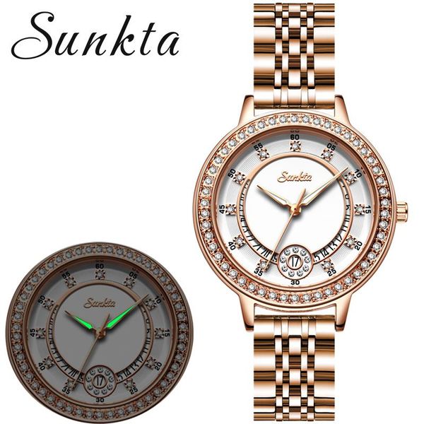 

wristwatches sunkta 2021 watch women fashion stainless steel ladies wrist watches diamondwristwatches for montre femme, Slivery;brown