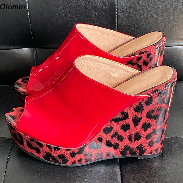 Rontic Damen-Plateau-Pantoletten, Sandalen, Hausschuhe, rote Leopardenmuster, Keilabsätze, offene Zehen, wunderschöne Party-Schuhe für Damen, US-Größe 5–20