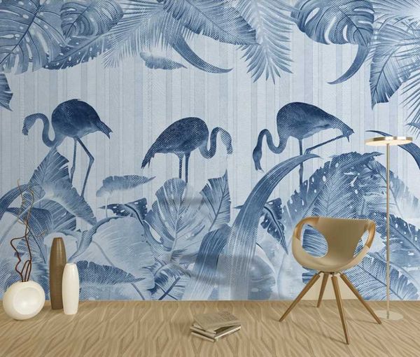

custom mural wallpaper 3d hand-painted nordic tropical plants flamingo retro line bedroom living room view wall wallpapers