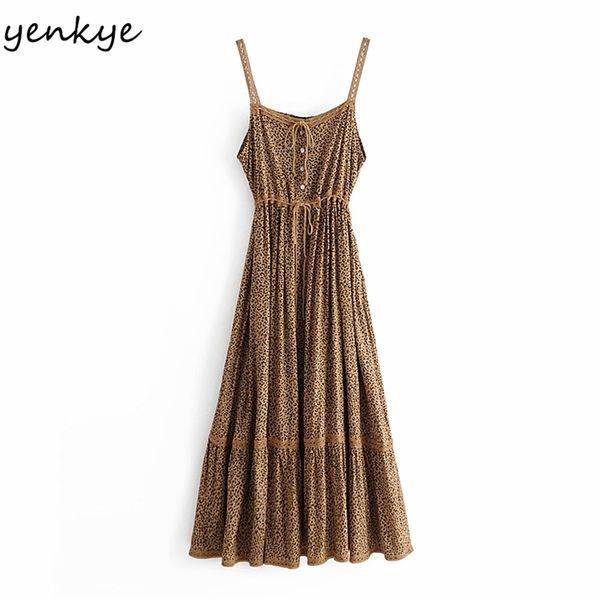 

spaghetti strap vintage leopard dress women sleeveless drawstring waist a-line casual sling long summer robe 210514, Black;gray