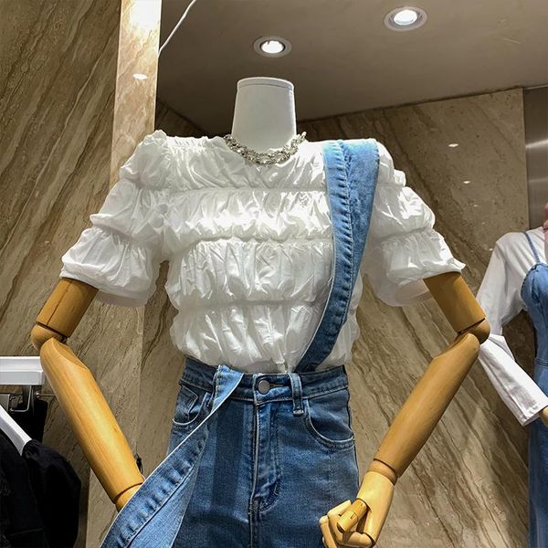 

women's t-shirt western style folds 2021 fashion summer o-neck pullovers solid color loose casual feminine tshirts white