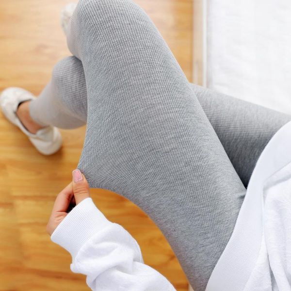 

women's leggings threaded high waist summer thin section nine-point outer trousers stretch large size slim foot pants, Black