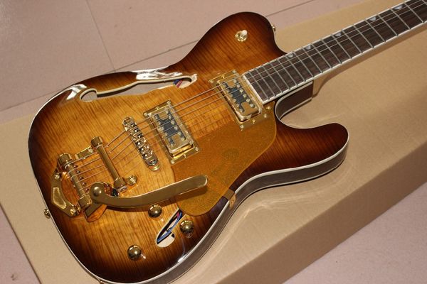 

new style handwork 6 strings f hollow body jazz electric guitar.sunburst double tiger flame jaz guitarra.real ps
