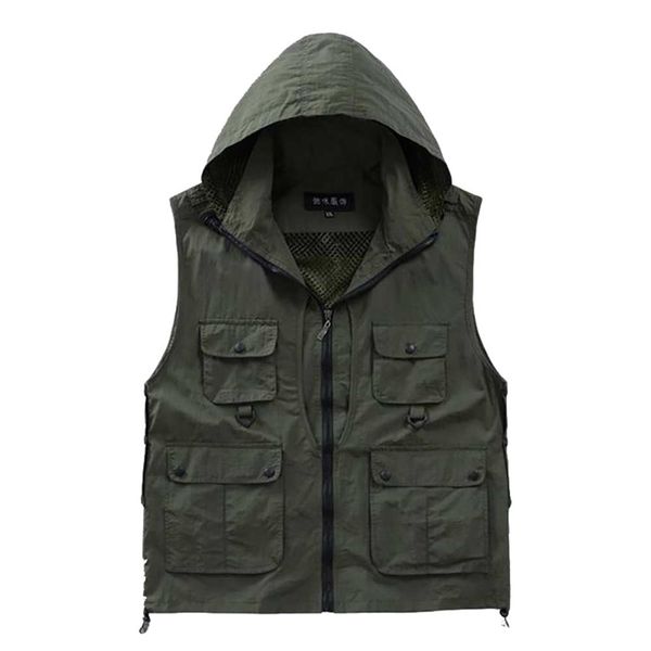 

versatile pographer men hooded vest waterproof mesh gilet sleeveless jackets with big pocket spring summer clothes 210925, Black;white