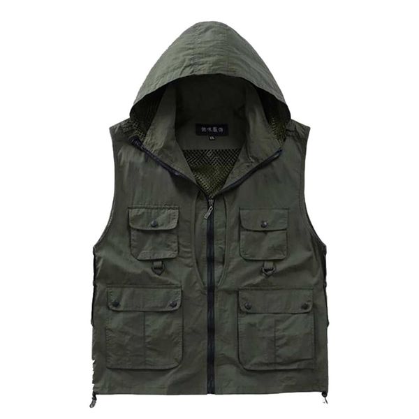 Versatile Pographer Uomo Gilet con cappuccio Gilet in rete impermeabile Gilet senza maniche con grande tasca Abiti primaverili estivi 210925