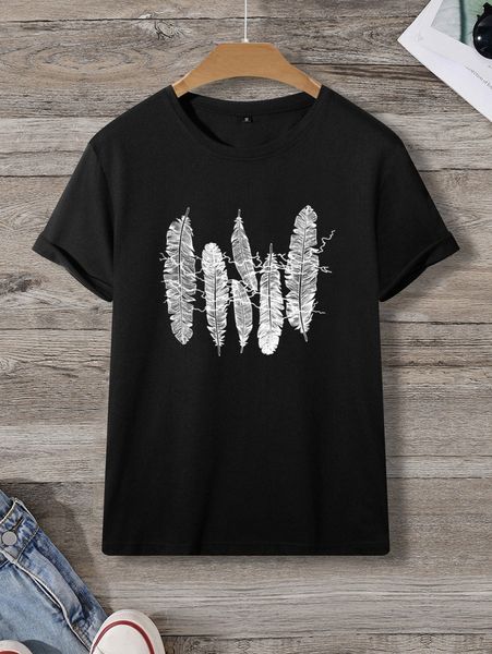 

men feather print tee l1gy#, White;black