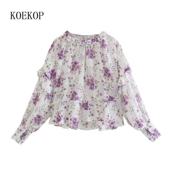 

women's blouses & shirts koekop women fashion floral printed shirt with ruffled trim long cuff sleeves round neck casual vintage blouse, White