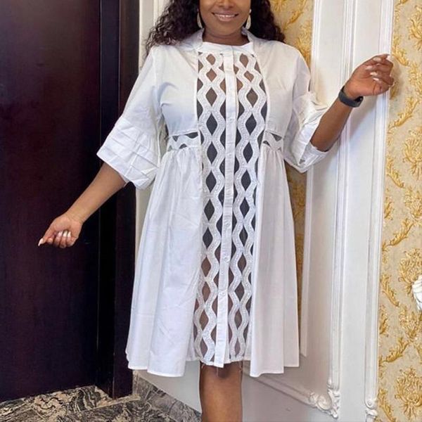 

casual dresses african white dress for women hollow out single breasted half sleeve loose fashion office ladies work business clothes vestid, Black;gray