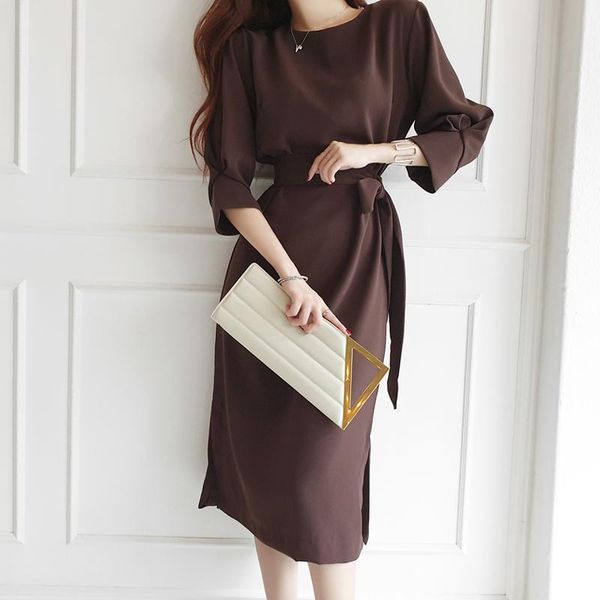 

casual dresses women autumn fashion long sleeve split midi lace-up a-line ladies vestido o neck outwear loose elegant dress, Black;gray