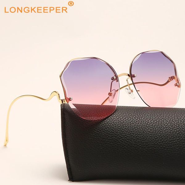 

sunglasses oversized rimless women 2021 tea gradient glasses cut trimmed lens metal curved temples sun female uv400, White;black