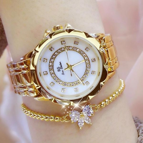 

bs brand women's quartz watch elegant fashion business rhinestone round stainless steel watches jewelry gift relogio feminino wristwatc, Slivery;brown