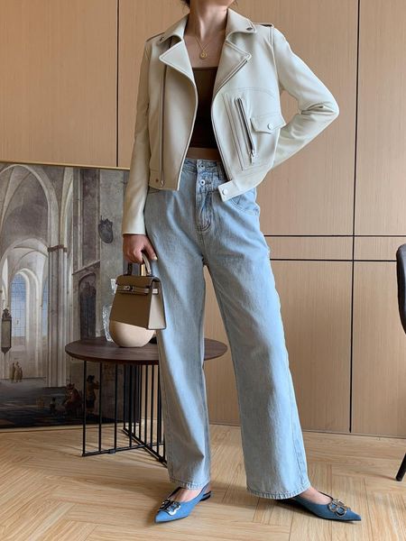 

women's leather & faux mg classic 2021 spring and autumn women's coat short slim sheep skin motorcycle jacket, Black