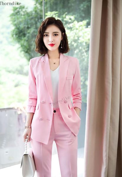 

thorndike 2021 fashion office ladies 2 pieces pink blazer sets suits long sleeve double- breasted pants suit women's & blazers, White;black