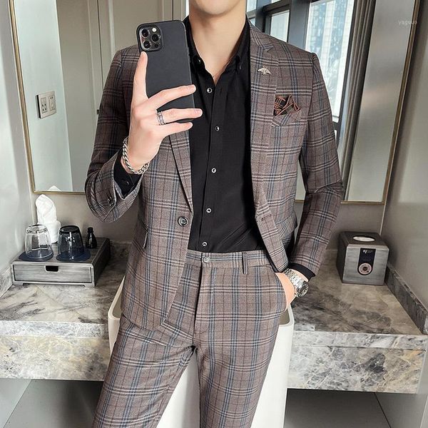 

men's suits & blazers male suit plaid singal-breasted lapel neck set elegantg tailor-made for groomsmen jacket slim fit men clothing 2, White;black