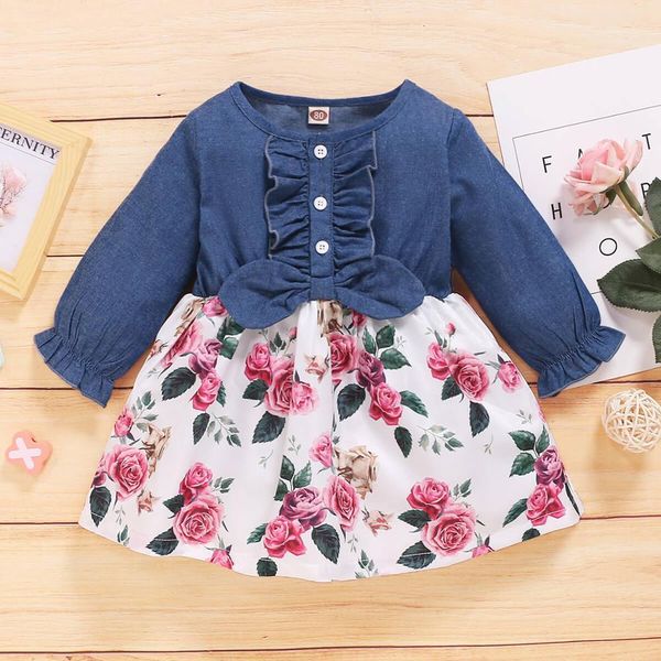 

girl's clothes 0-3 months toddler girl dresses fall girls long sleeve denim bow-tie flower print princess costume baby 1026, Red;yellow