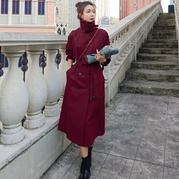 

flared waist windbreaker women autumn style multicolor choice stand-up collar all-match medium and calf e18 women's trench coats, Tan;black