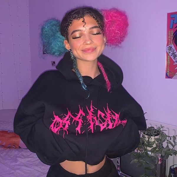 

women's hoodies & sweatshirts nclagen print gothic black hooded women grunge punk pullover streetwear oversized pockets harajuku