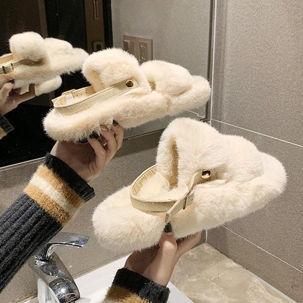 

herfst vrouwen slippers 2021 nieuwe rubber zachte zool schoenen harige thuis toevallige dames platte bodem pluc, Black