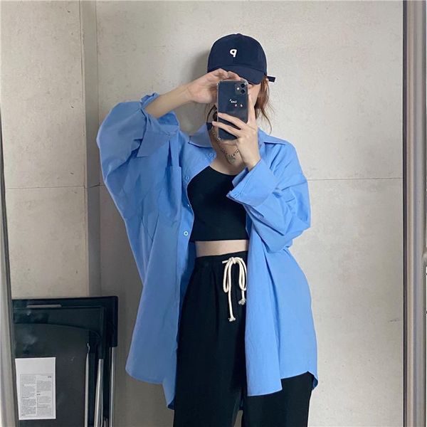 

autumn fashion blue temperament elegant loose slim pure color wild simple long sleeve cardigan shirt women women's blouses & shirts, White