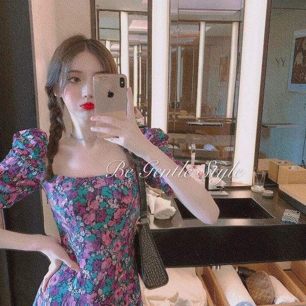 

casual dresses french minority retro square collar dress women's summer lightly mature floral puff sleeve split waist fitted slimming, Black;gray