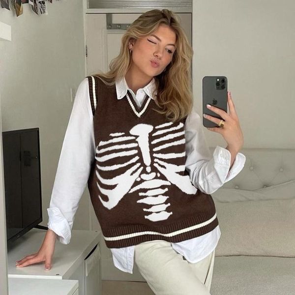 

casual dresses women sweater vest aesthetic print harajuku streetwear outfits kawaii sweaters vintage clothes y2k knit tee, Black;gray