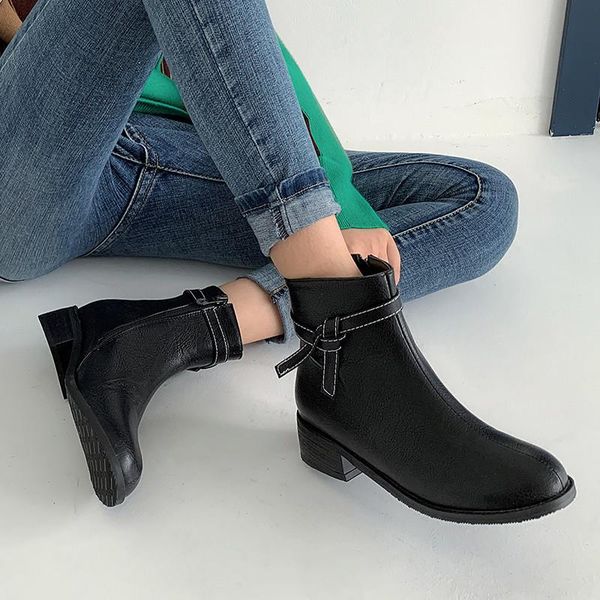 

boots ochanmeb large size 46 women ankle sweet bow-tie shoes woman low heel black white for ladies autumn winter footwear