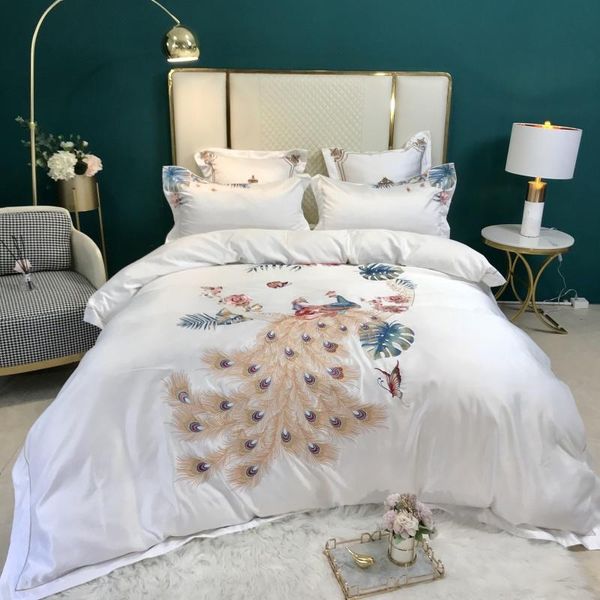 

bedding sets white oriental bird embroidery bed linen silk/cotton duvet cover fitted sheet pillowcase 4pcs bedclothes